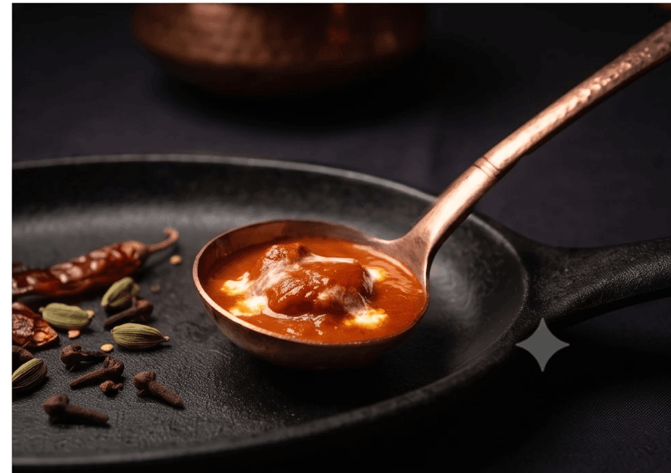 Concept: sauce and whole spices, dark studio lighting