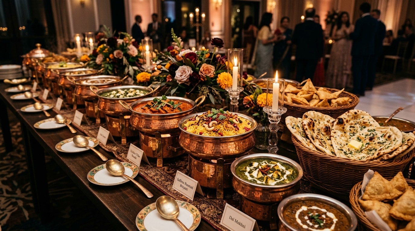 Lavish Indian catering buffet banquet with copper chafing dishes, curries, tandoori meats, and garnished biryani
