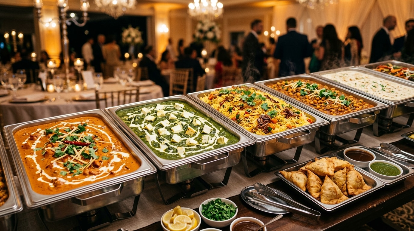 Indian catering party trays spread with butter chicken, palak paneer, biryani, and samosas