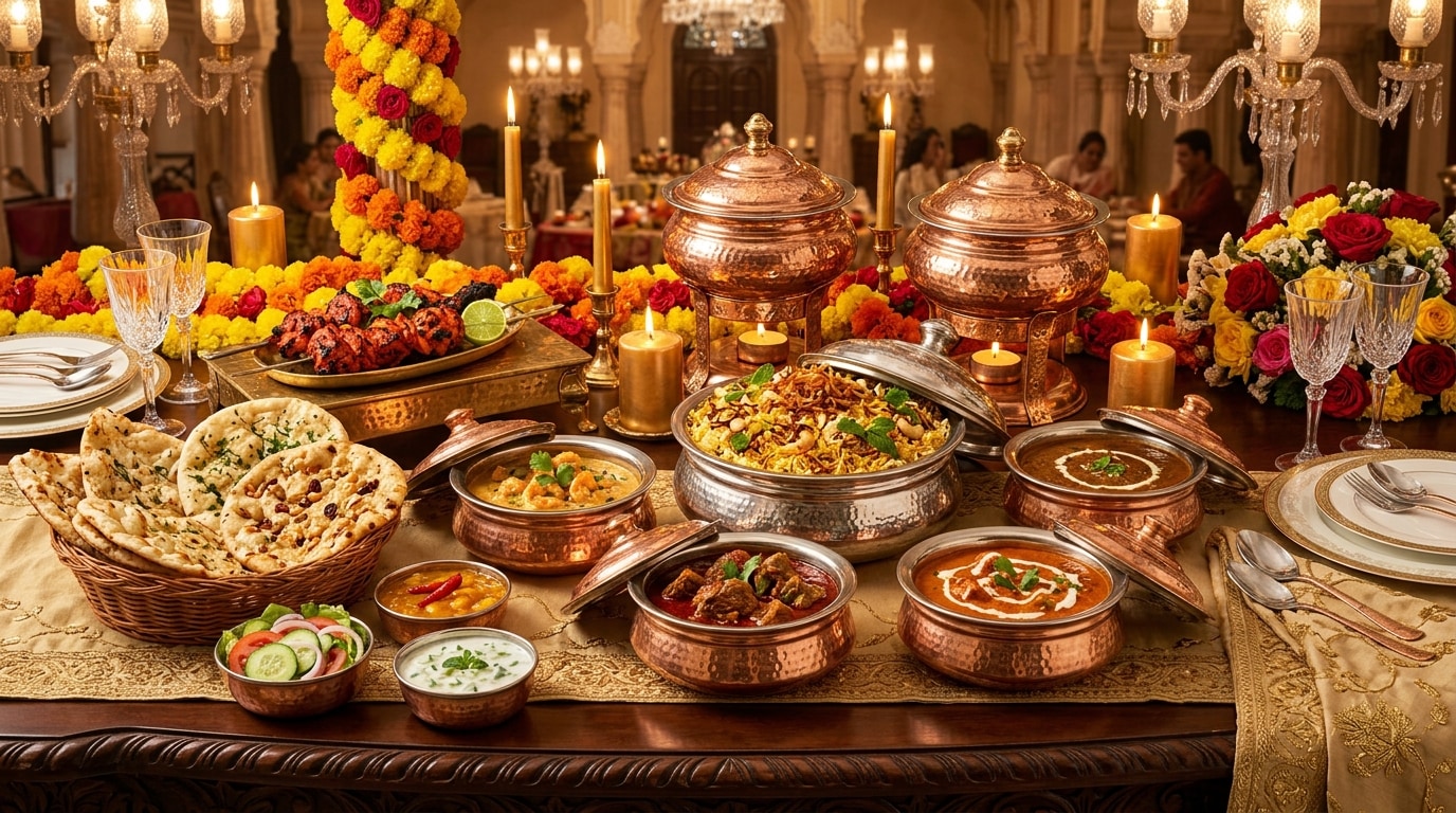 A Rani Feast catering spread — tandoori starters, curries, biryani and naan laid out for a group