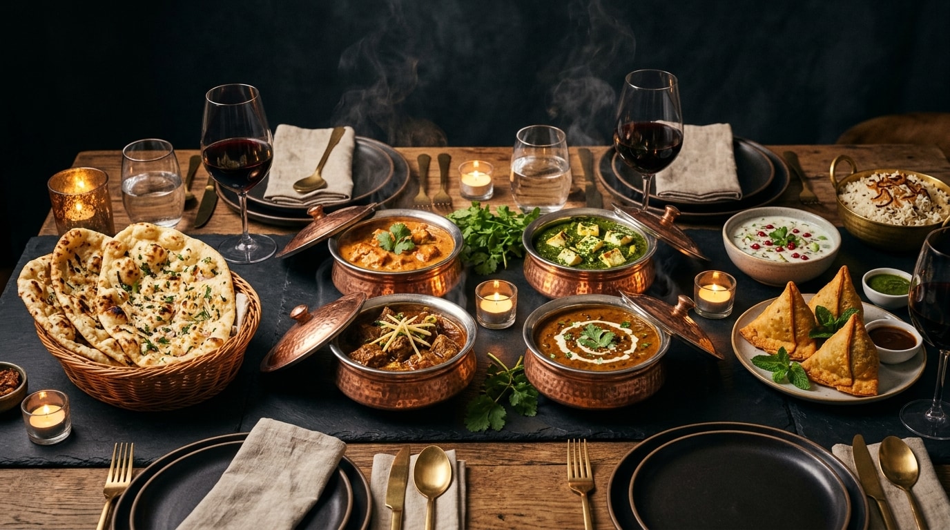 Family Meal dinner bundle spread with curries, tandoori grills, basmati rice, garlic naan, and samosas