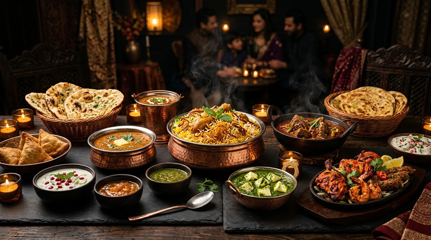 Grand Indian group feast banquet with copper handis of biryani, curries, tandoori grills, and fresh naan