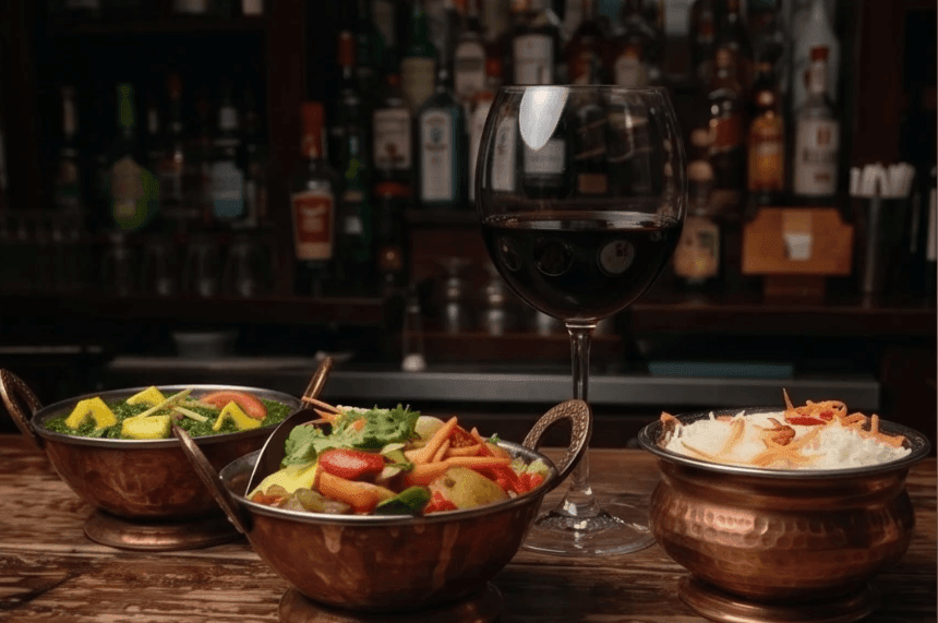Handcrafted cocktails, mango lassi, and appetizers at the bar