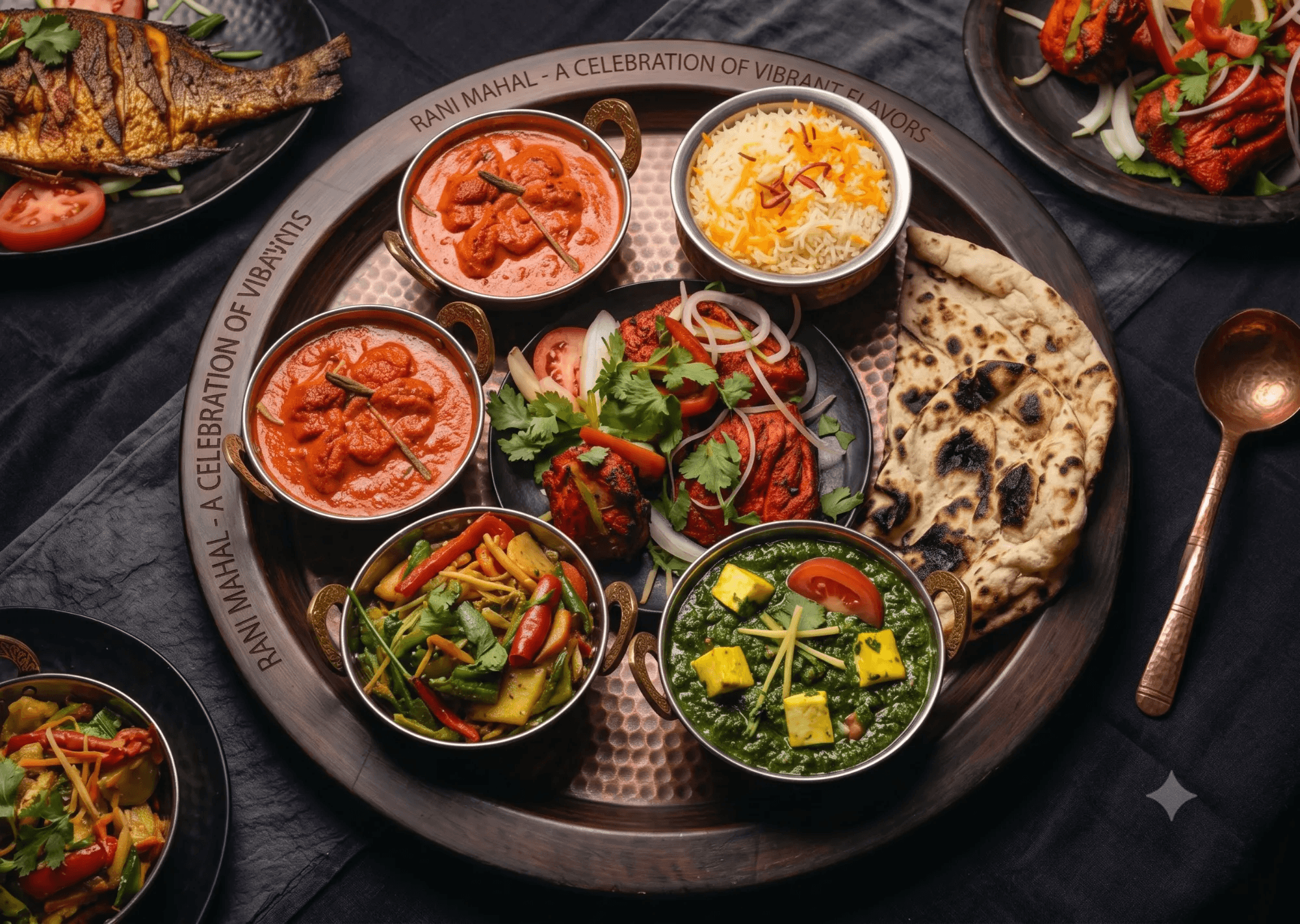 Regal Indian feast with chicken, lamb, and seafood medleys