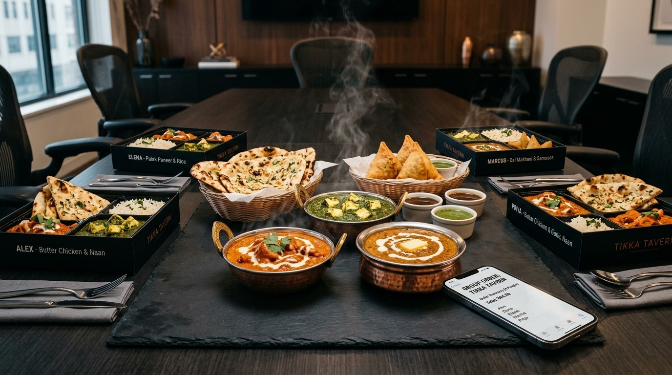 Group order setup with individually name-labeled meal boxes and hot curries