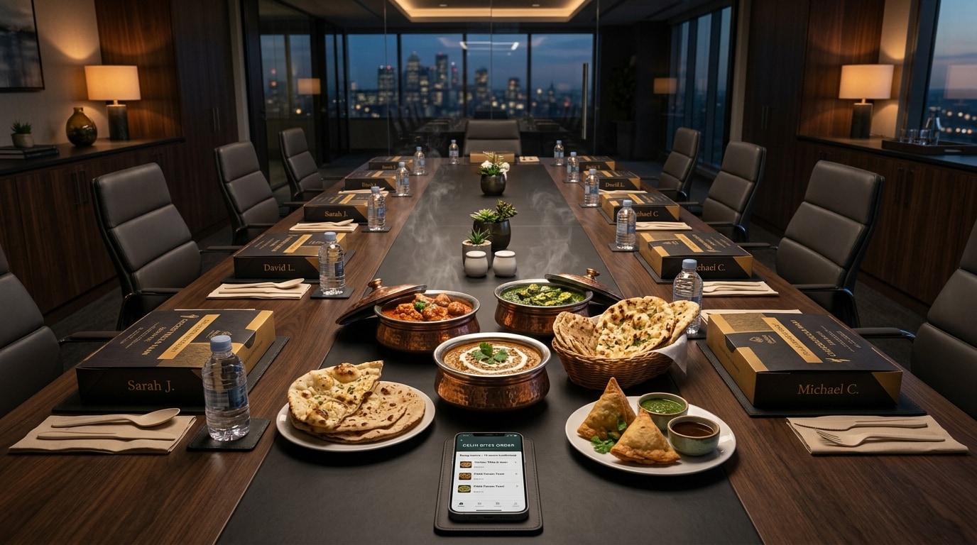 Table arranged with individually labeled Indian lunch boxes, curries, and a group ordering mobile screen — suited for offices, families, or friend groups