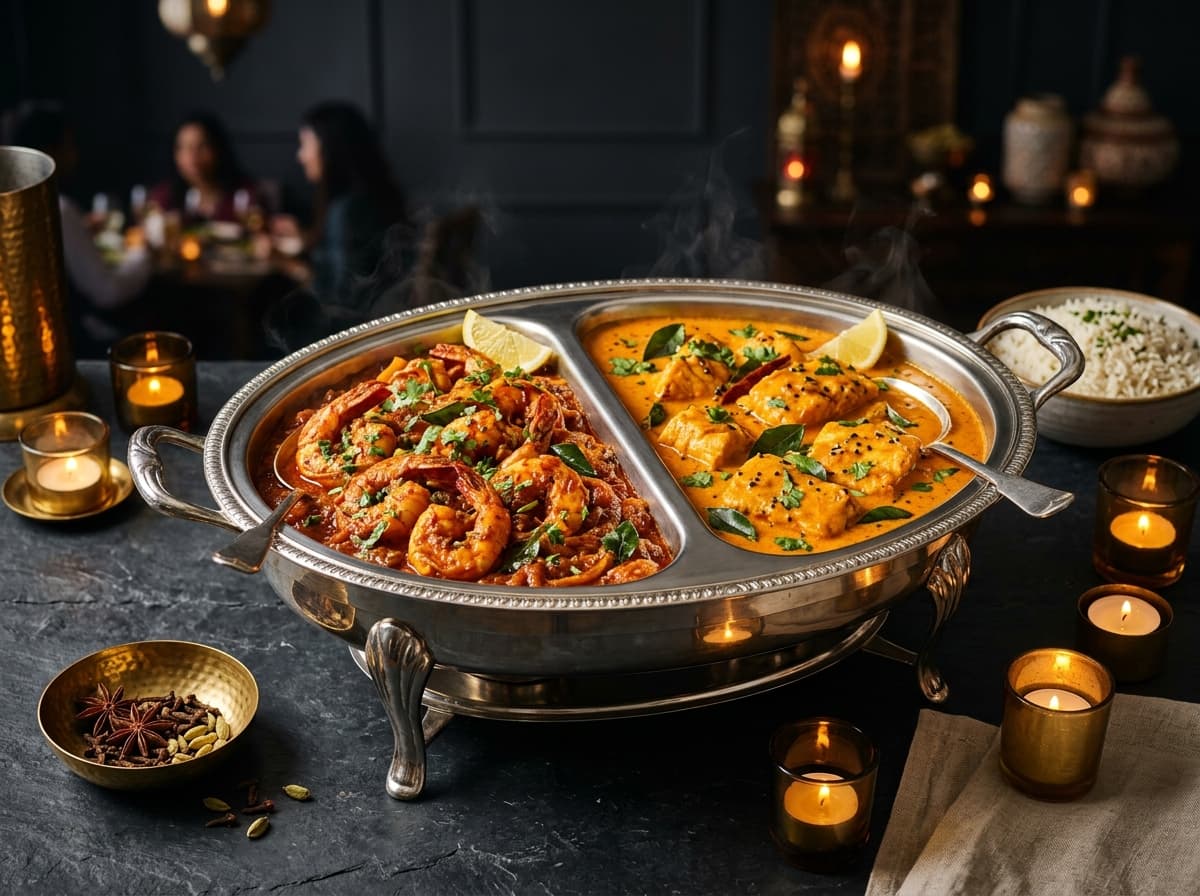 Jumbo shrimp masala and fish curry party catering tray