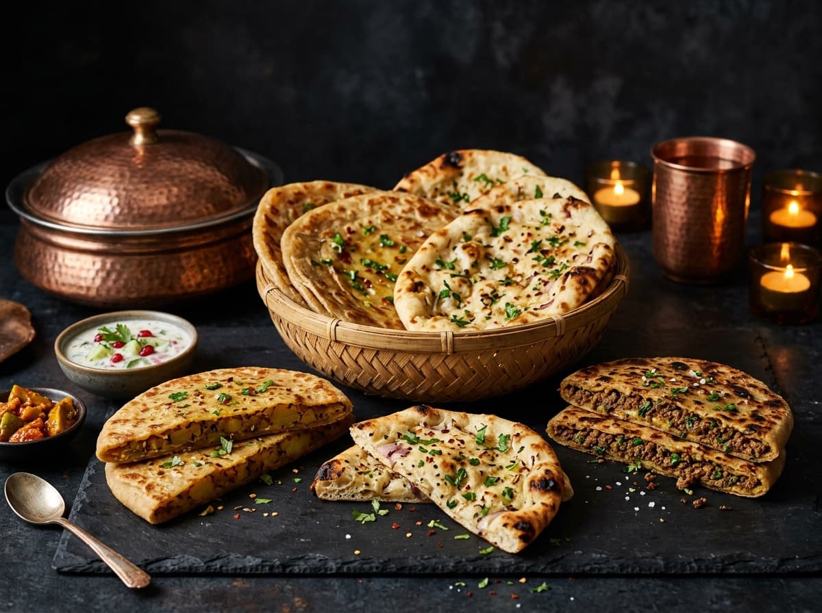 Artisanal stuffed parathas, aloo kulcha, and keema naan bread party catering tray