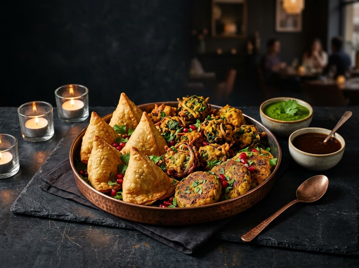 Samosas and pakoras vegetarian appetizer party catering platter